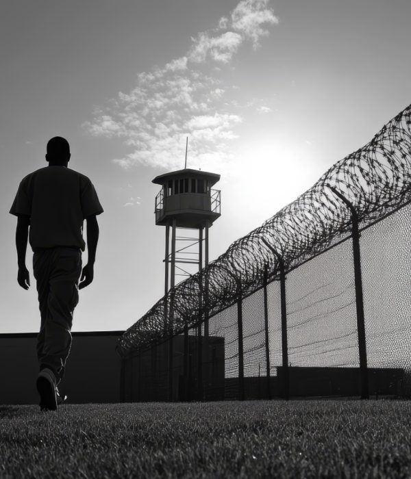 A silhouette of a prisoner walking away from a prison fence, symbolizing hope, release, redemption, second chances, and a new beginning.